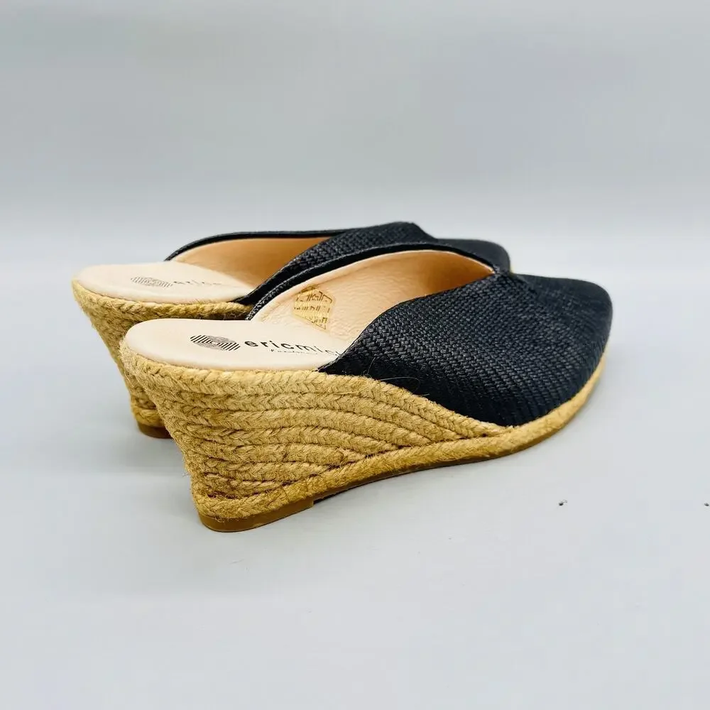 Eric Michael‎ Shoes Womens 8 Black Leather Espadrille Wedge Mule Heels Slip On